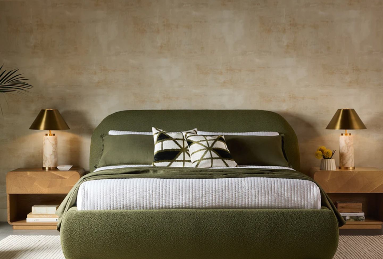 French retro boucle fabric upholstered platform bed from QONKA HOME
