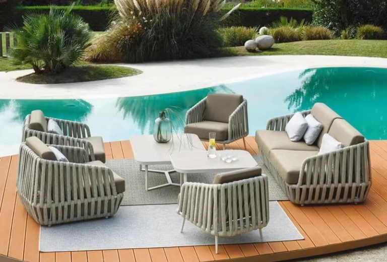 PE rattan outdoor garden set with hand-woven rope chairs and sofa from QONKA HOME
