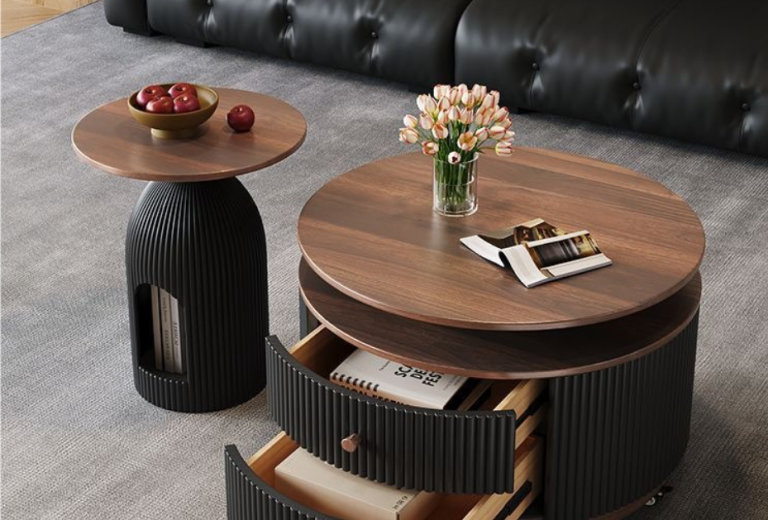 French walnut coffee table set with fluted storage drawer from QONKA HOME coffee table manufacturer