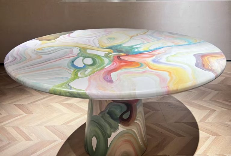 Round solid ash wood dining table with marbled swirl finish from QONKA HOME