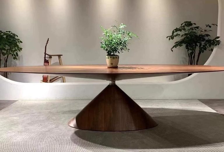 Designer oval solid walnut dining table sunburst veneer pedestal base from QONKA HOME