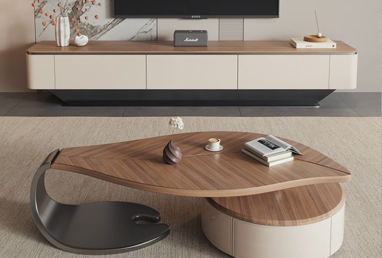 Leaf-shape creative wooden coffee table with organic curved top from QONKA HOME
